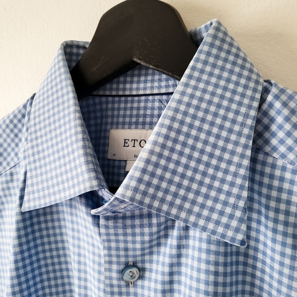 Eton Slim Fit 41x16 Blue Check 100% Cotton Dress Shirt - Picture 1 of 7
